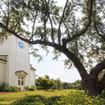 The church seen through the live oaks