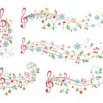 Christmas decoration elements form musical notes, holly leaves and snowflakes. Winter holiday dividers. Color variant