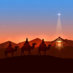 Christmas background with three wise men and shining star, Christian theme, illustration.